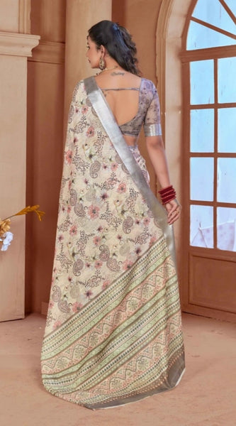 Mayawye Women's Printed Cotton Linen Saree withPrinted  Saree With Unstitched Blouse (Beige, 5-6Mtrs)