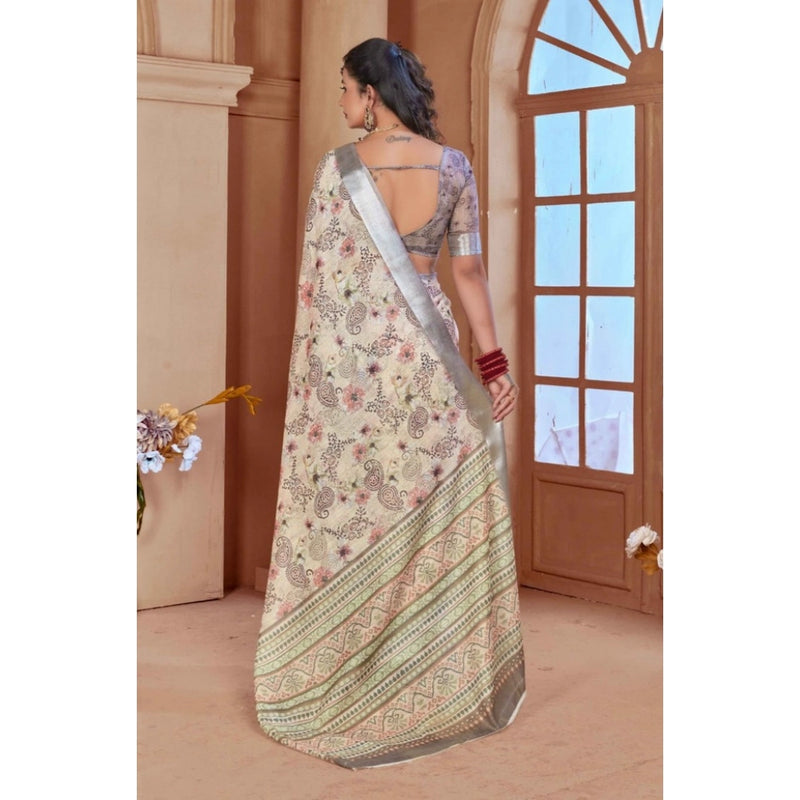Mayawye Women's Printed Cotton Linen Saree withPrinted  Saree With Unstitched Blouse (Beige, 5-6Mtrs)