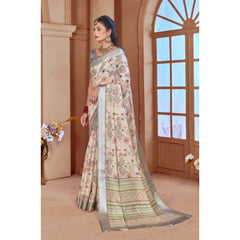 Mayawye Women's Printed Cotton Linen Saree withPrinted  Saree With Unstitched Blouse (Beige, 5-6Mtrs)