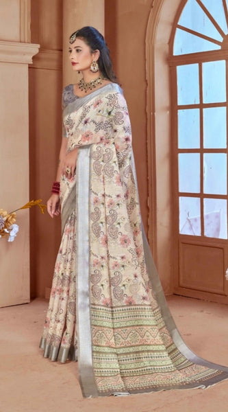 Mayawye Women's Printed Cotton Linen Saree withPrinted  Saree With Unstitched Blouse (Beige, 5-6Mtrs)