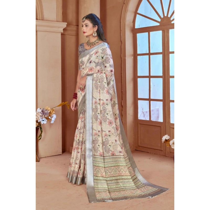 Mayawye Women's Printed Cotton Linen Saree withPrinted  Saree With Unstitched Blouse (Beige, 5-6Mtrs)