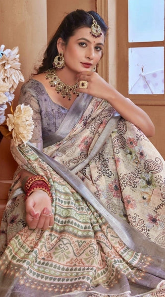 Mayawye Women's Printed Cotton Linen Saree withPrinted  Saree With Unstitched Blouse (Beige, 5-6Mtrs)