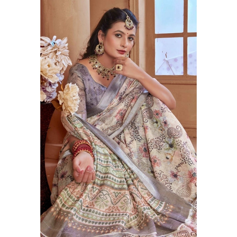 Mayawye Women's Printed Cotton Linen Saree withPrinted  Saree With Unstitched Blouse (Beige, 5-6Mtrs)