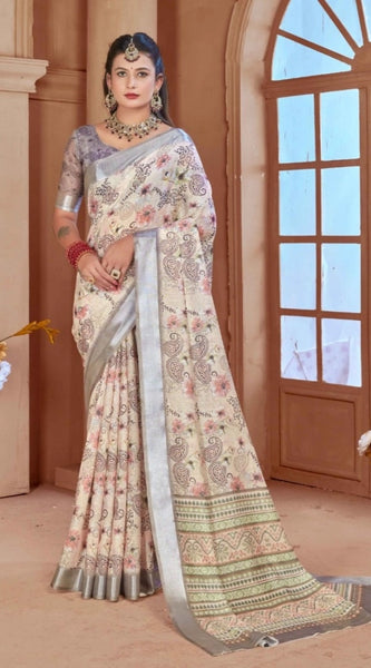 Mayawye Women's Printed Cotton Linen Saree withPrinted  Saree With Unstitched Blouse (Beige, 5-6Mtrs)