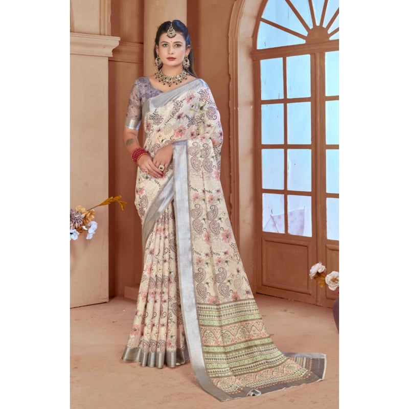 Mayawye Women's Printed Cotton Linen Saree withPrinted  Saree With Unstitched Blouse (Beige, 5-6Mtrs)