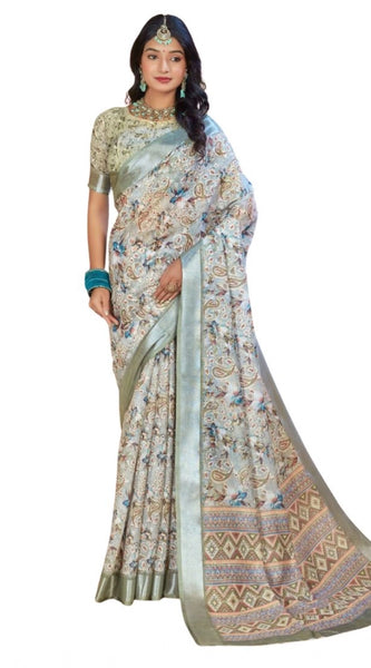 Mayawye Women's Printed Cotton Linen Saree withPrinted  Saree With Unstitched Blouse (Mint Green, 5-6Mtrs)