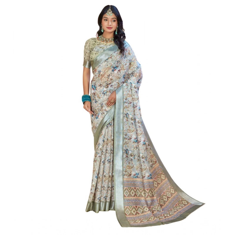 Mayawye Women's Printed Cotton Linen Saree withPrinted  Saree With Unstitched Blouse (Mint Green, 5-6Mtrs)