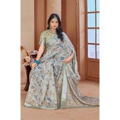Mayawye Women's Printed Cotton Linen Saree withPrinted  Saree With Unstitched Blouse (Mint Green, 5-6Mtrs)