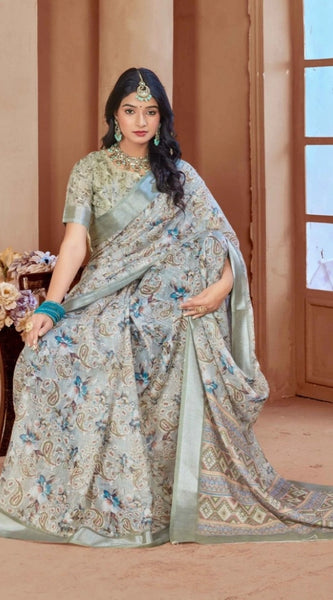 Mayawye Women's Printed Cotton Linen Saree withPrinted  Saree With Unstitched Blouse (Mint Green, 5-6Mtrs)