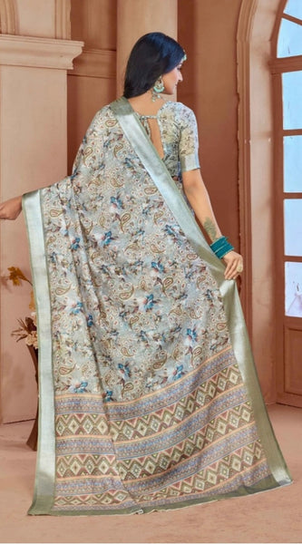 Mayawye Women's Printed Cotton Linen Saree withPrinted  Saree With Unstitched Blouse (Mint Green, 5-6Mtrs)