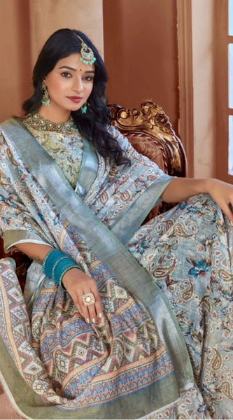 Mayawye Women's Printed Cotton Linen Saree withPrinted  Saree With Unstitched Blouse (Mint Green, 5-6Mtrs)