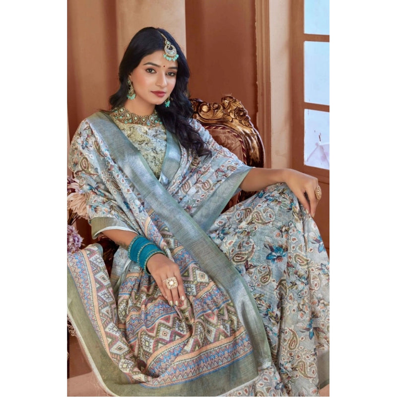 Mayawye Women's Printed Cotton Linen Saree withPrinted  Saree With Unstitched Blouse (Mint Green, 5-6Mtrs)