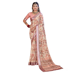 Mayawye Women's Printed Cotton Linen Saree withPrinted  Saree With Unstitched Blouse (Beige, 5-6Mtrs)