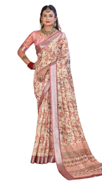 Mayawye Women's Printed Cotton Linen Saree withPrinted  Saree With Unstitched Blouse (Beige, 5-6Mtrs)