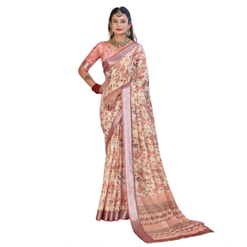 Mayawye Women's Printed Cotton Linen Saree withPrinted  Saree With Unstitched Blouse (Beige, 5-6Mtrs)
