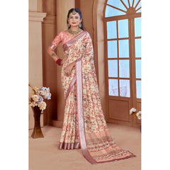 Mayawye Women's Printed Cotton Linen Saree withPrinted  Saree With Unstitched Blouse (Beige, 5-6Mtrs)