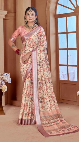 Mayawye Women's Printed Cotton Linen Saree withPrinted  Saree With Unstitched Blouse (Beige, 5-6Mtrs)