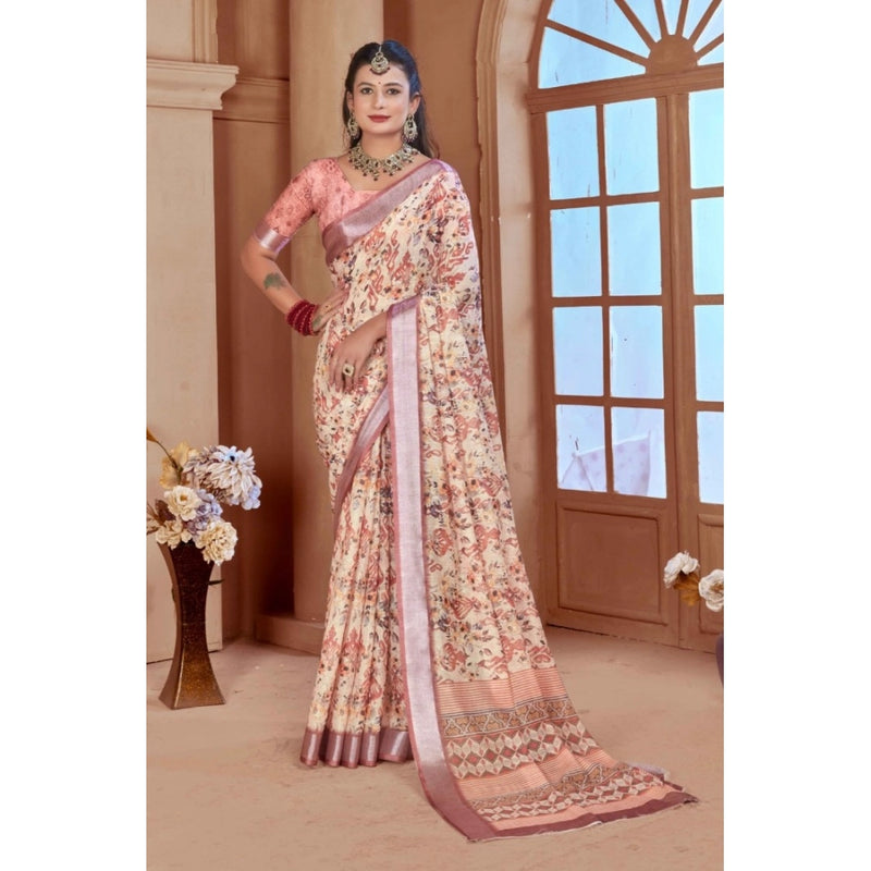 Mayawye Women's Printed Cotton Linen Saree withPrinted  Saree With Unstitched Blouse (Beige, 5-6Mtrs)