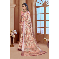 Mayawye Women's Printed Cotton Linen Saree withPrinted  Saree With Unstitched Blouse (Beige, 5-6Mtrs)