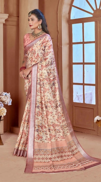 Mayawye Women's Printed Cotton Linen Saree withPrinted  Saree With Unstitched Blouse (Beige, 5-6Mtrs)