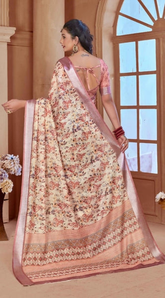 Mayawye Women's Printed Cotton Linen Saree withPrinted  Saree With Unstitched Blouse (Beige, 5-6Mtrs)