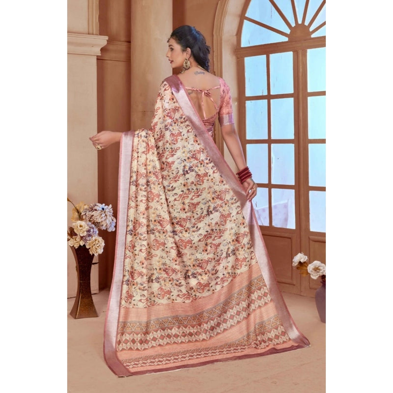 Mayawye Women's Printed Cotton Linen Saree withPrinted  Saree With Unstitched Blouse (Beige, 5-6Mtrs)