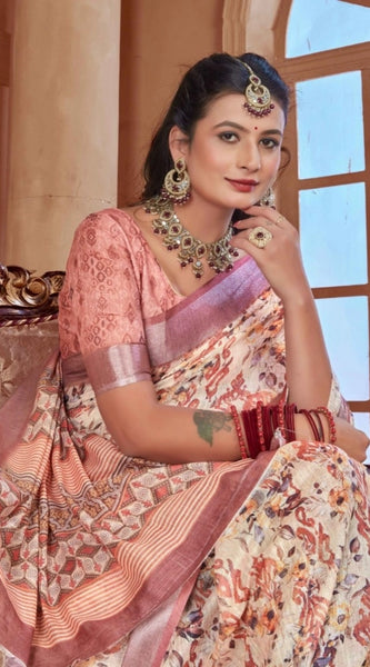Mayawye Women's Printed Cotton Linen Saree withPrinted  Saree With Unstitched Blouse (Beige, 5-6Mtrs)