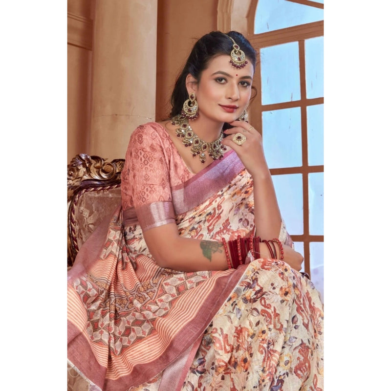 Mayawye Women's Printed Cotton Linen Saree withPrinted  Saree With Unstitched Blouse (Beige, 5-6Mtrs)