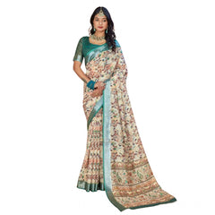 Mayawye Women's Printed Cotton Linen Saree withPrinted  Saree With Unstitched Blouse (Green, 5-6Mtrs)