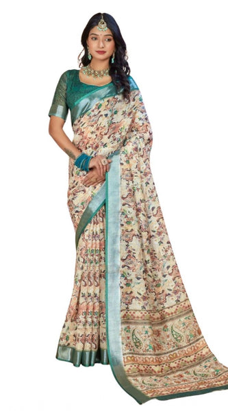 Mayawye Women's Printed Cotton Linen Saree withPrinted  Saree With Unstitched Blouse (Green, 5-6Mtrs)