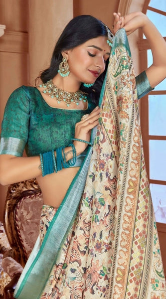 Mayawye Women's Printed Cotton Linen Saree withPrinted  Saree With Unstitched Blouse (Green, 5-6Mtrs)