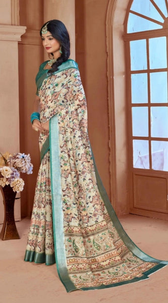 Mayawye Women's Printed Cotton Linen Saree withPrinted  Saree With Unstitched Blouse (Green, 5-6Mtrs)