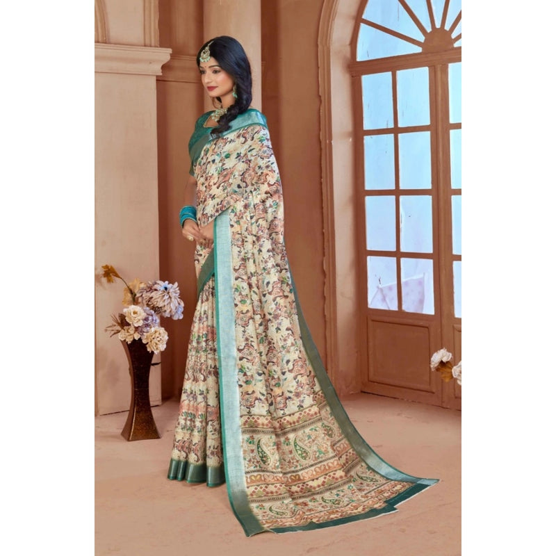 Mayawye Women's Printed Cotton Linen Saree withPrinted  Saree With Unstitched Blouse (Green, 5-6Mtrs)