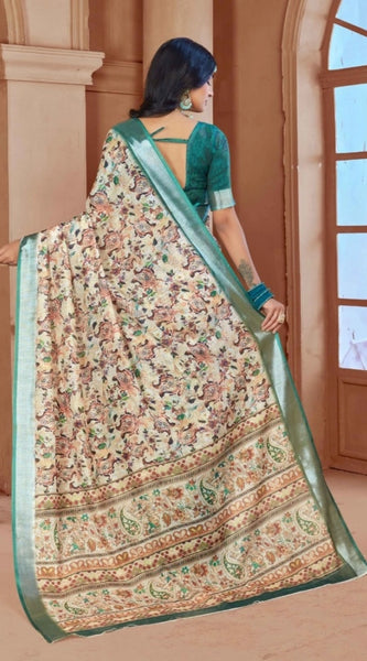 Mayawye Women's Printed Cotton Linen Saree withPrinted  Saree With Unstitched Blouse (Green, 5-6Mtrs)