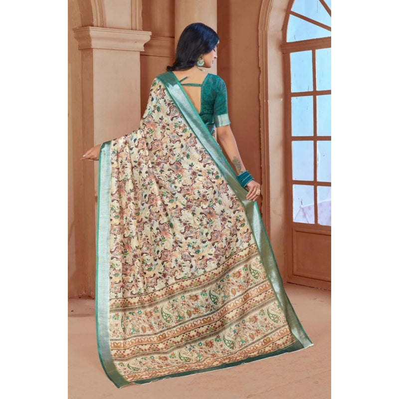 Mayawye Women's Printed Cotton Linen Saree withPrinted  Saree With Unstitched Blouse (Green, 5-6Mtrs)