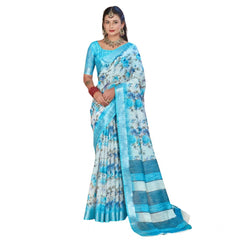 Mayawye Women's Printed Cotton Linen Saree withPrinted  Saree With Unstitched Blouse (Blue, 5-6Mtrs)