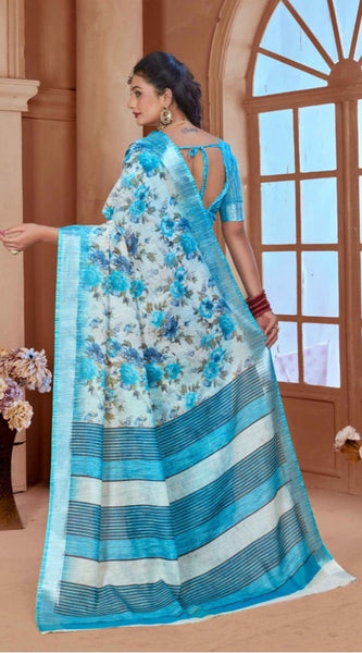 Mayawye Women's Printed Cotton Linen Saree withPrinted  Saree With Unstitched Blouse (Blue, 5-6Mtrs)