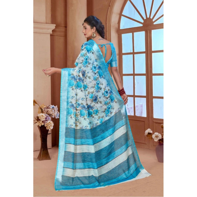 Mayawye Women's Printed Cotton Linen Saree withPrinted  Saree With Unstitched Blouse (Blue, 5-6Mtrs)