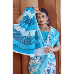 Mayawye Women's Printed Cotton Linen Saree withPrinted  Saree With Unstitched Blouse (Blue, 5-6Mtrs)