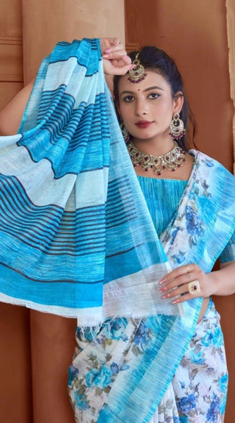 Mayawye Women's Printed Cotton Linen Saree withPrinted  Saree With Unstitched Blouse (Blue, 5-6Mtrs)