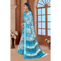 Mayawye Women's Printed Cotton Linen Saree withPrinted  Saree With Unstitched Blouse (Blue, 5-6Mtrs)
