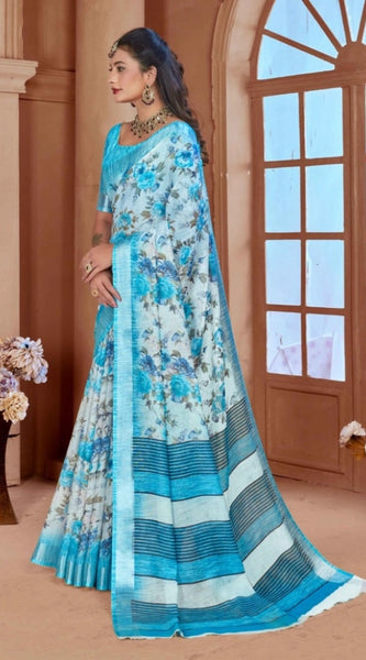 Mayawye Women's Printed Cotton Linen Saree withPrinted  Saree With Unstitched Blouse (Blue, 5-6Mtrs)