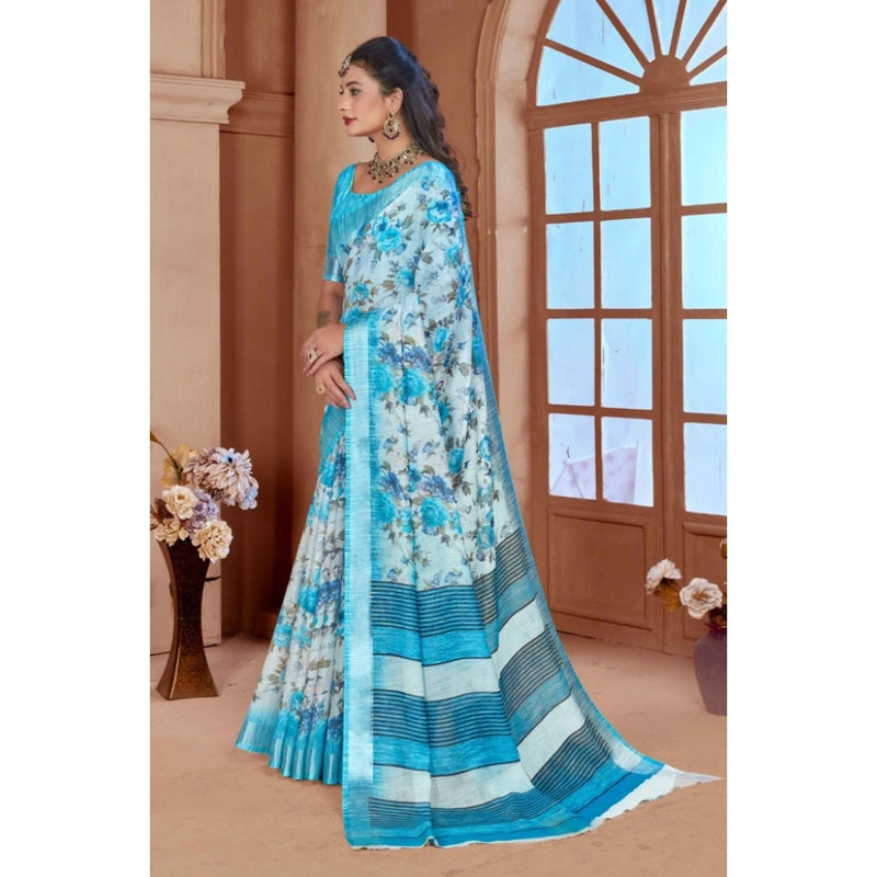 Mayawye Women's Printed Cotton Linen Saree withPrinted  Saree With Unstitched Blouse (Blue, 5-6Mtrs)