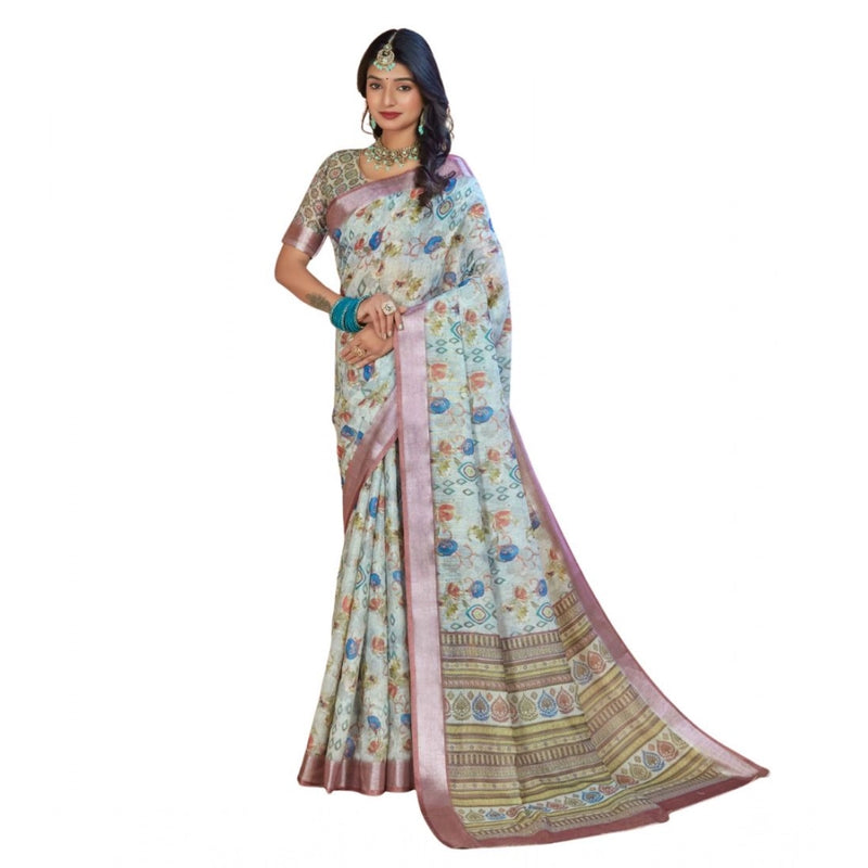 Mayawye Women's Printed Cotton Linen Saree withPrinted  Saree With Unstitched Blouse (Rust  , 5-6Mtrs)
