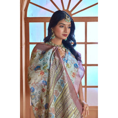 Mayawye Women's Printed Cotton Linen Saree withPrinted  Saree With Unstitched Blouse (Rust  , 5-6Mtrs)