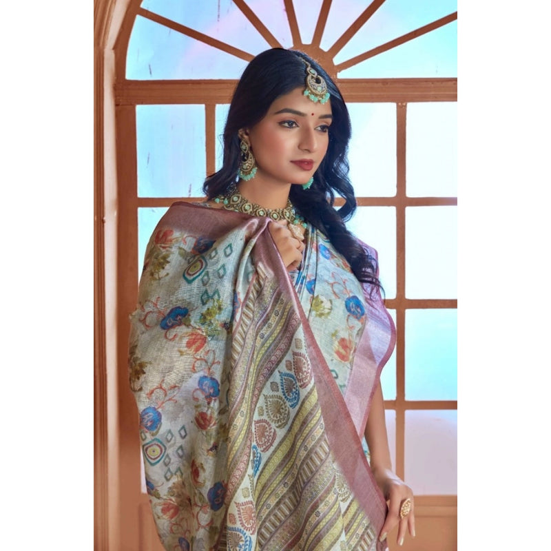 Mayawye Women's Printed Cotton Linen Saree withPrinted  Saree With Unstitched Blouse (Rust  , 5-6Mtrs)