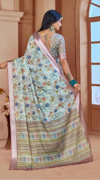Mayawye Women's Printed Cotton Linen Saree withPrinted  Saree With Unstitched Blouse (Rust  , 5-6Mtrs)