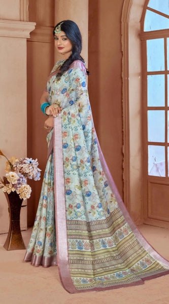 Mayawye Women's Printed Cotton Linen Saree withPrinted  Saree With Unstitched Blouse (Rust  , 5-6Mtrs)