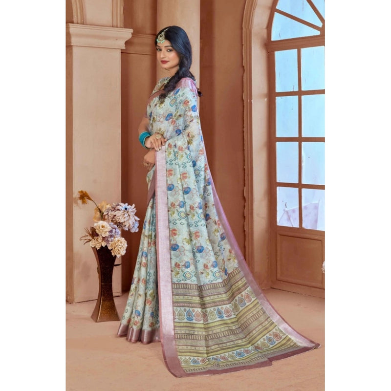 Mayawye Women's Printed Cotton Linen Saree withPrinted  Saree With Unstitched Blouse (Rust  , 5-6Mtrs)