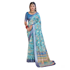 Mayawye Women's Printed Cotton Linen Saree withPrinted  Saree With Unstitched Blouse (Light Blue, 5-6Mtrs)